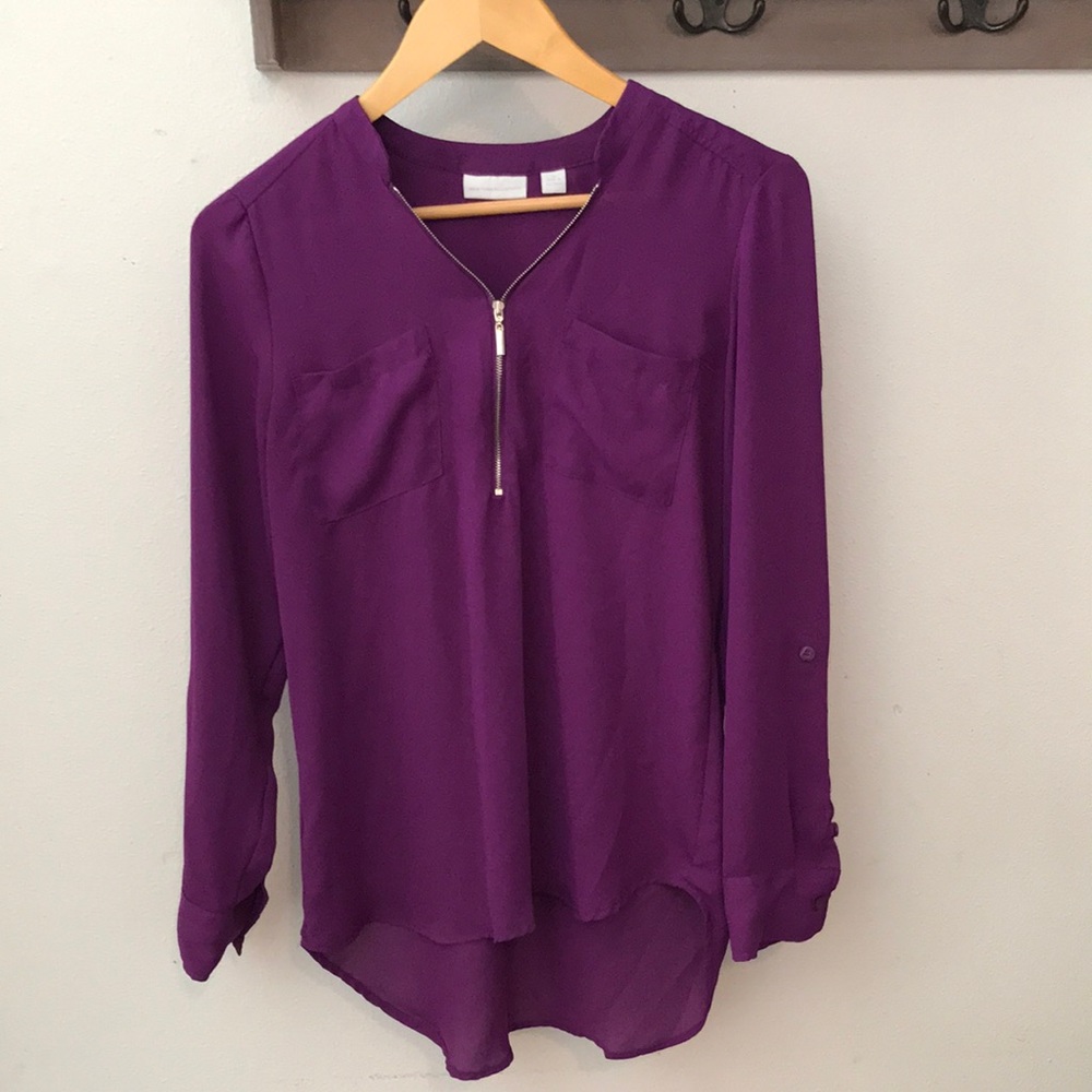 New York & Co blouse purple, zipper, front pockets, long sleeves Xsmall